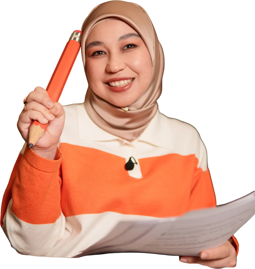 Muxtasar English ustozi qo'lida katta qalam bilan